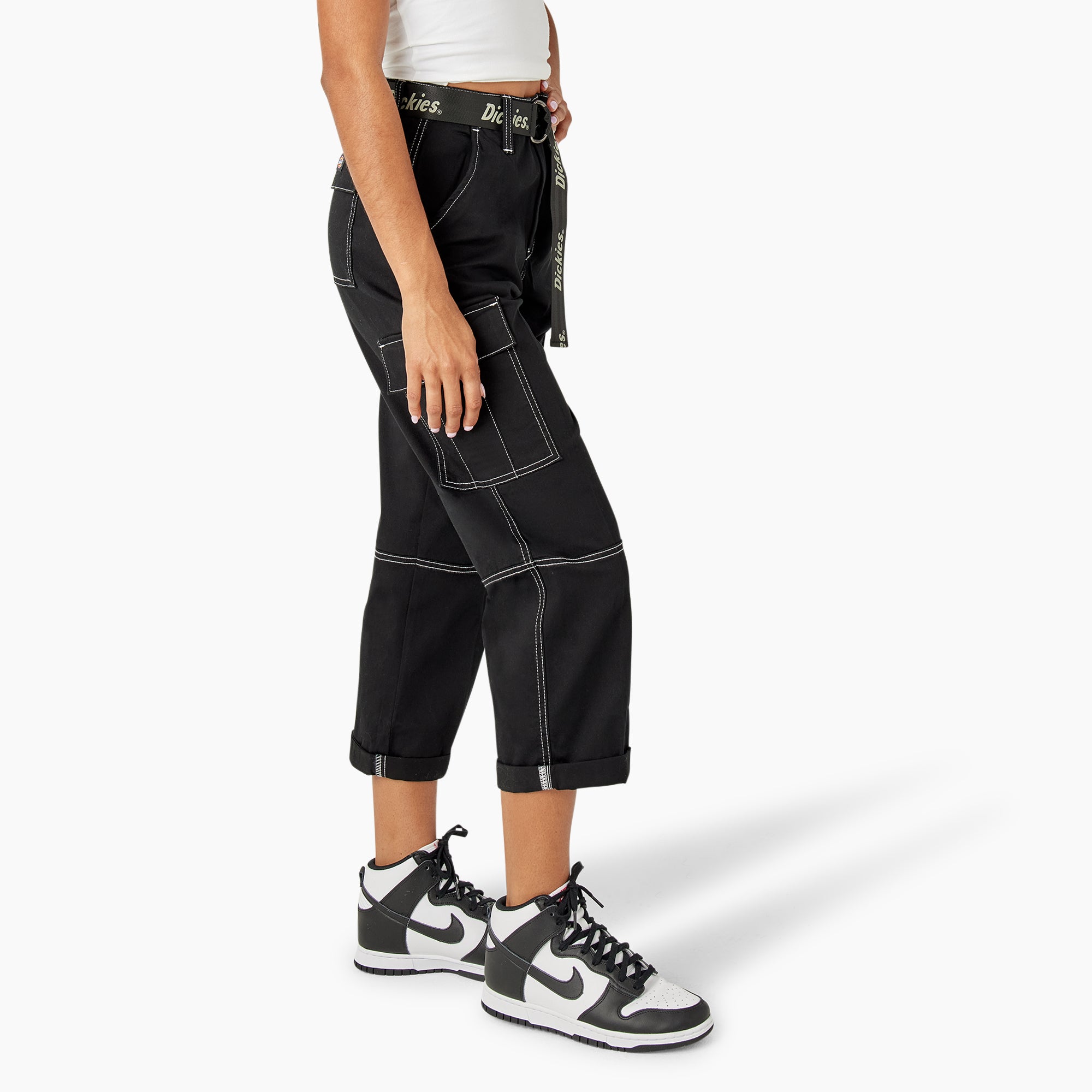 Women's Relaxed Fit Contrast Stitch Cropped Cargo Pants - Image 4