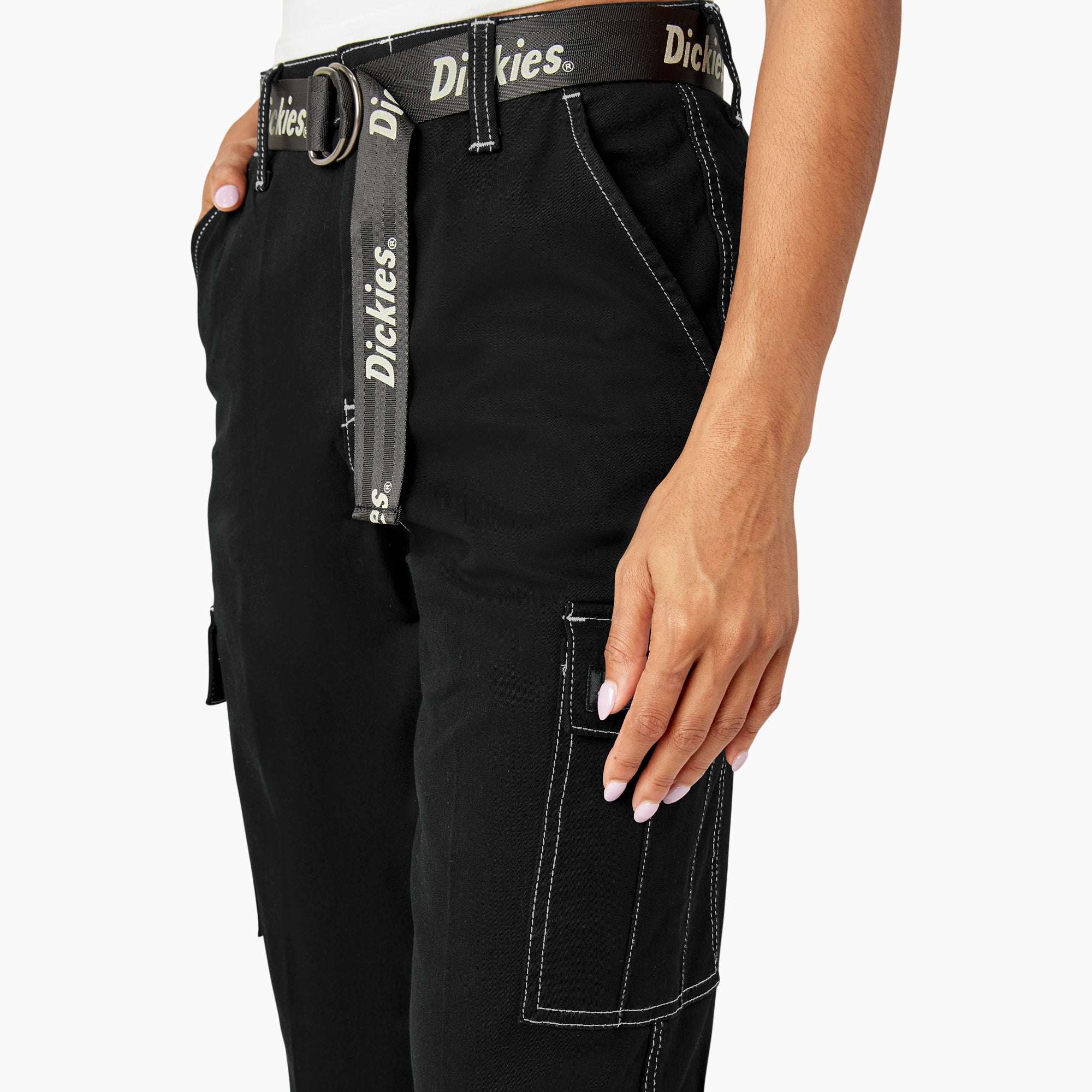 Women's Relaxed Fit Contrast Stitch Cropped Cargo Pants - Image 8