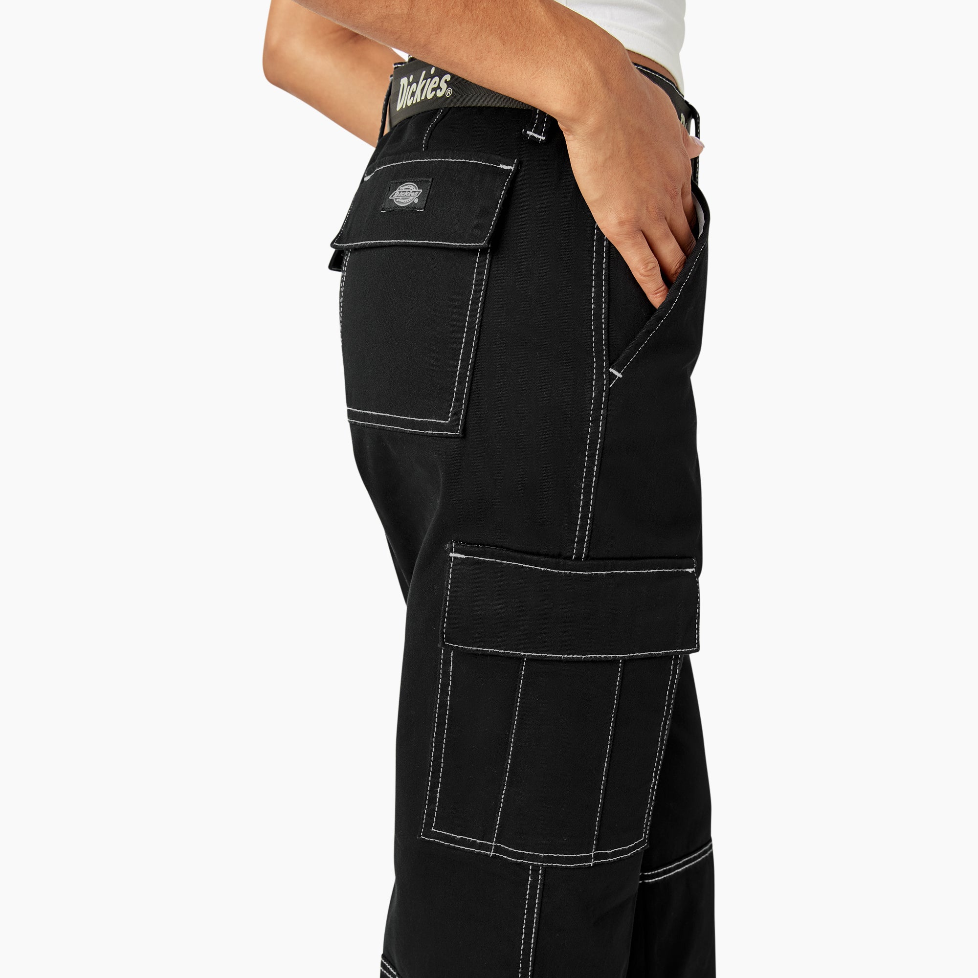 Women's Relaxed Fit Contrast Stitch Cropped Cargo Pants - Image 9